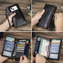 Magnetic travel family passport storage bag with multifunctional zipper and wrist strap, genuine leather passport bag