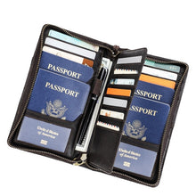 Magnetic travel family passport storage bag with multifunctional zipper and wrist strap, genuine leather passport bag