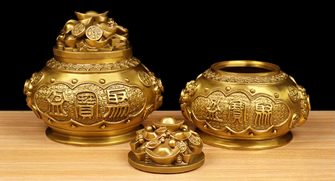 Pure brass treasure pot with lid for home, living room, wealth position decoration, incense burner, wedding decoration, gift